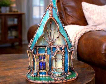 Tiffany Stained Glass Keepsake House - Half Moon Bay Cottage - Cobblestone Cottage Collection