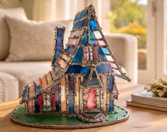 Paradise Cove Cottage – Handmade Architectural Stained Glass House – Tiffany Style Illuminated Sculpture