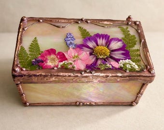 Tiffany Style Stained Glass Flower Top jewelry Box (3”x 5”)