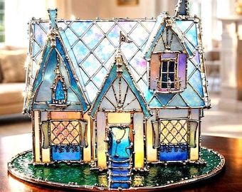Wetherby Cottage – Handmade Architectural Stained Glass House – Tiffany Style Illuminated Sculpture - Cobblestone Cottage Collection