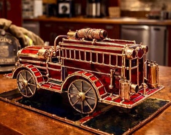 Handcrafted Stained Glass Fire Engine Sculpture – Station Display - Retirement Gift