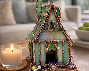 Stained Glass Dog House - Illuminated Glass Cottage Sculpture, Dog Lover Gift, Pet Lover Art-