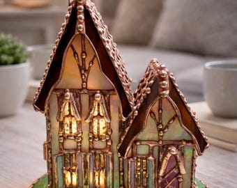Candlewick Cottage – Handmade Architectural Stained Glass House – Tiffany Style Illuminated Sculpture