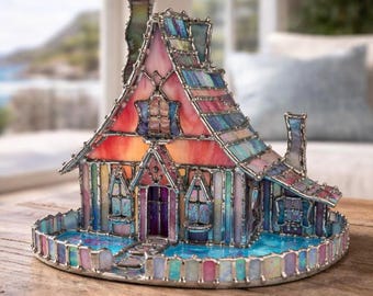 North Star Cottage Stained Glass House – Tiffany Style Sculpture
