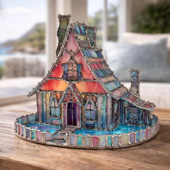 North Star Cottage Stained Glass House – Tiffany Style Sculpture