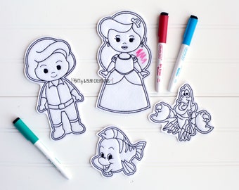 Little Mermaid Inspired Coloring Dolls, Reusable Dolls, Ariel Dry Erase Doll, Washable Color Doll, Quiet Time Doll, Car Activity, Color Pal