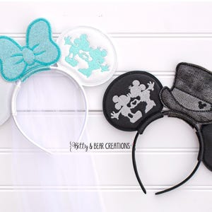 Bride and Groom Mouse Ears, Customizable Bridal Ears, Just Married, Anniversary, Newly Wed Mouse Ears, Ear Headbands, Honeymoon