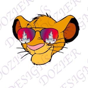 May include: A cartoon lion cub wearing sunglasses with a reflection of a castle in the lenses. The lion cub has a pink nose and a happy expression.