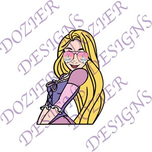 May include: A cartoon illustration of a princess with long blonde hair wearing pink sunglasses with a castle reflection. She is wearing a purple and pink dress with a white collar.
