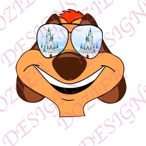 May include: A cartoon character with brown fur and a red mohawk wearing sunglasses with a reflection of Cinderella's Castle in the lenses.