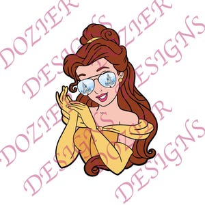 May include: Belle, a Disney princess, is wearing sunglasses with a reflection of Cinderella's castle. She has long brown hair and is wearing a yellow dress.