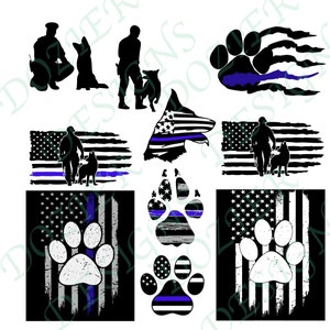 Police K-9 Dog Unit Blue Line American SVG and PNG Bundle of 10