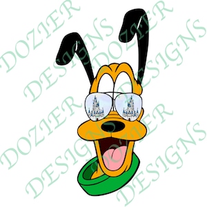May include: A cartoon illustration of a yellow dog wearing sunglasses with a reflection of Cinderella's Castle in the lenses. The dog is wearing a green scarf and has a big smile.