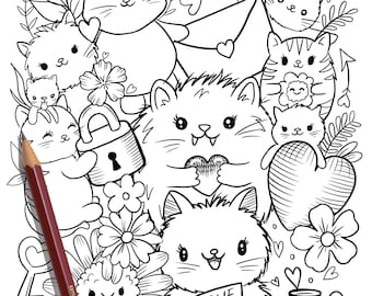 PRINTABLE Cute Kitty Cats Coloring Page, Hand-Drawn Coloring Sheet, Cat Doodles Coloring Page, Kids Coloring Page, Adult Coloring