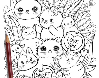 IMPRIMIBLE Cute Kitty Cats Página para colorear, Hoja para colorear dibujada a mano, Página para colorear de garabatos de gato, Página para colorear para niños, Coloración para adultos