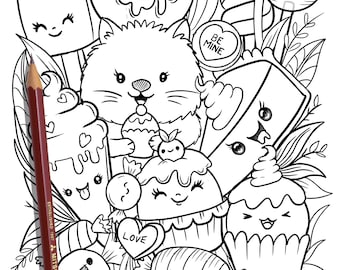 IMPRIMIBLE Cute Kitty Cats Página para colorear, Hoja para colorear dibujada a mano, Página para colorear de garabatos de gato, Página para colorear para niños, Coloración para adultos