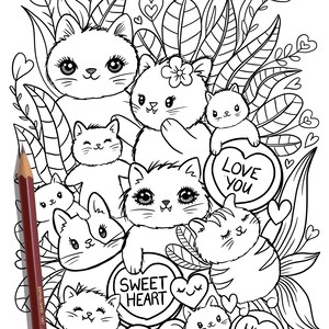 PRINTABLE Cute Kitty Cats Coloring Page, Hand-Drawn Coloring Sheet, Cat Doodles Coloring Page, Kids Coloring Page, Adult Coloring