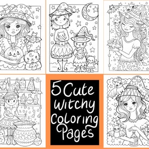 Digital download 5 cute witchy coloring pages, witches, Halloween, cute Halloween coloring pages digital download for all ages