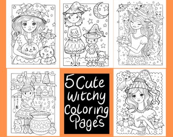 Digital download 5 cute witchy coloring pages, witches, Halloween, cute Halloween coloring pages digital download for all ages