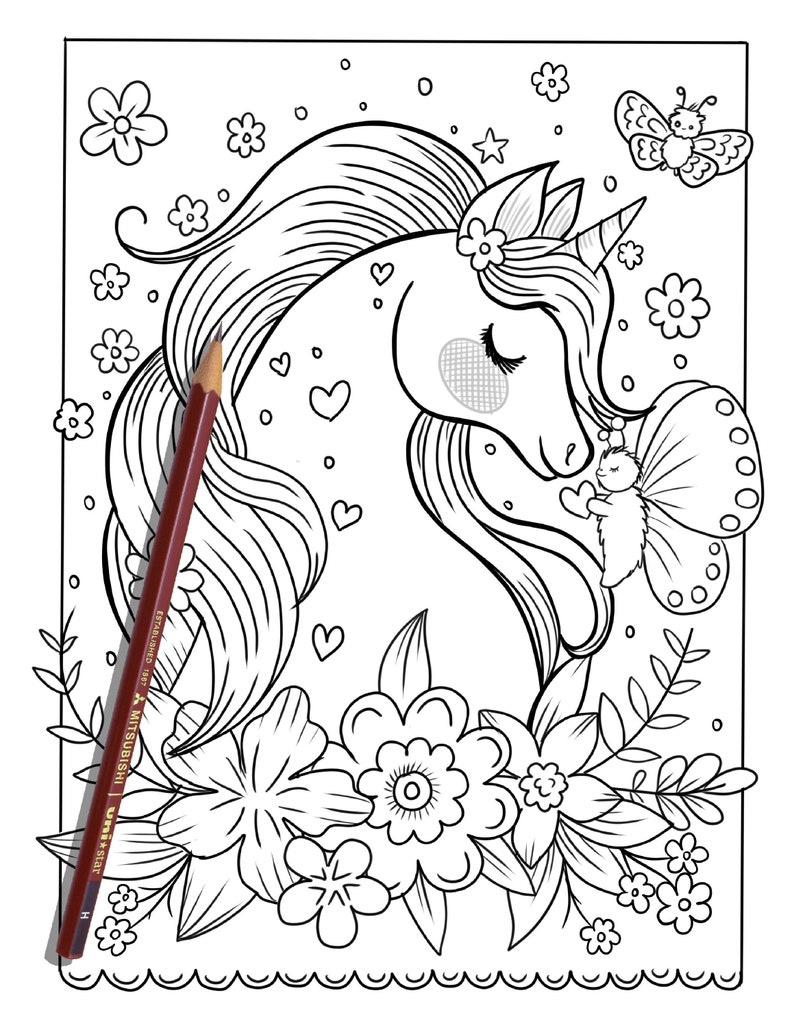 May include: A black and white line drawing of a unicorn with a flowing mane, flowers, and butterflies. A red-brown pencil rests on the page. The unicorn has a closed eye and a heart-shaped detail on its cheek.
