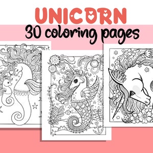 Pagine da colorare di unicorno / 30 pagine / Pagine da colorare carine / Per bambini e adulti / Download digitale