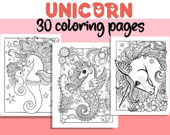 Unicorn Coloring Pages | 30 Pages | Cute Coloring Pages | For Kids and Adults | Digital Download