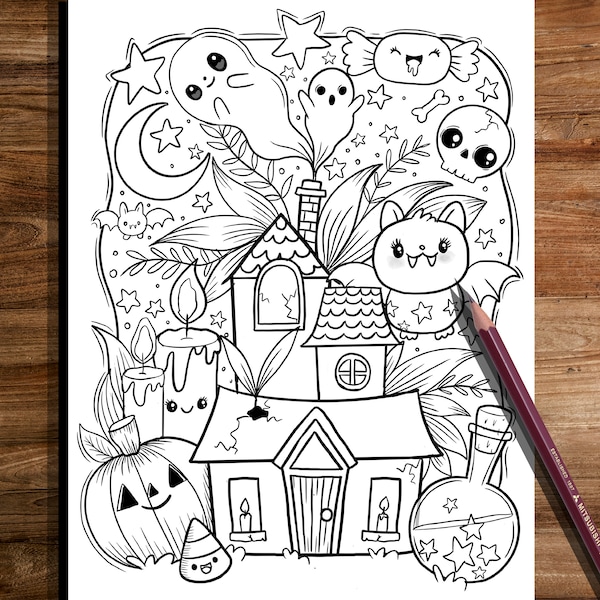 haunted house coloring page,halloween coloring page, halloween fun, halloween witch, whimsical coloring page, Halloween coloring page