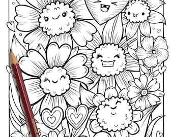 PRINTABLE Cute flowers Coloring Page, Hand-Drawn Coloring Sheet, flowers Doodles Coloring Page, Kids Coloring Page, Adult Coloring