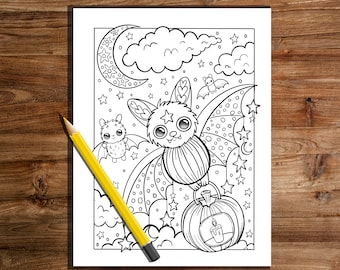 Coloriage de chauve-souris, page à colorier d’Halloween, amusement d’Halloween, sorcière d’Halloween, coloriage fantaisiste, coloriage d’Halloween