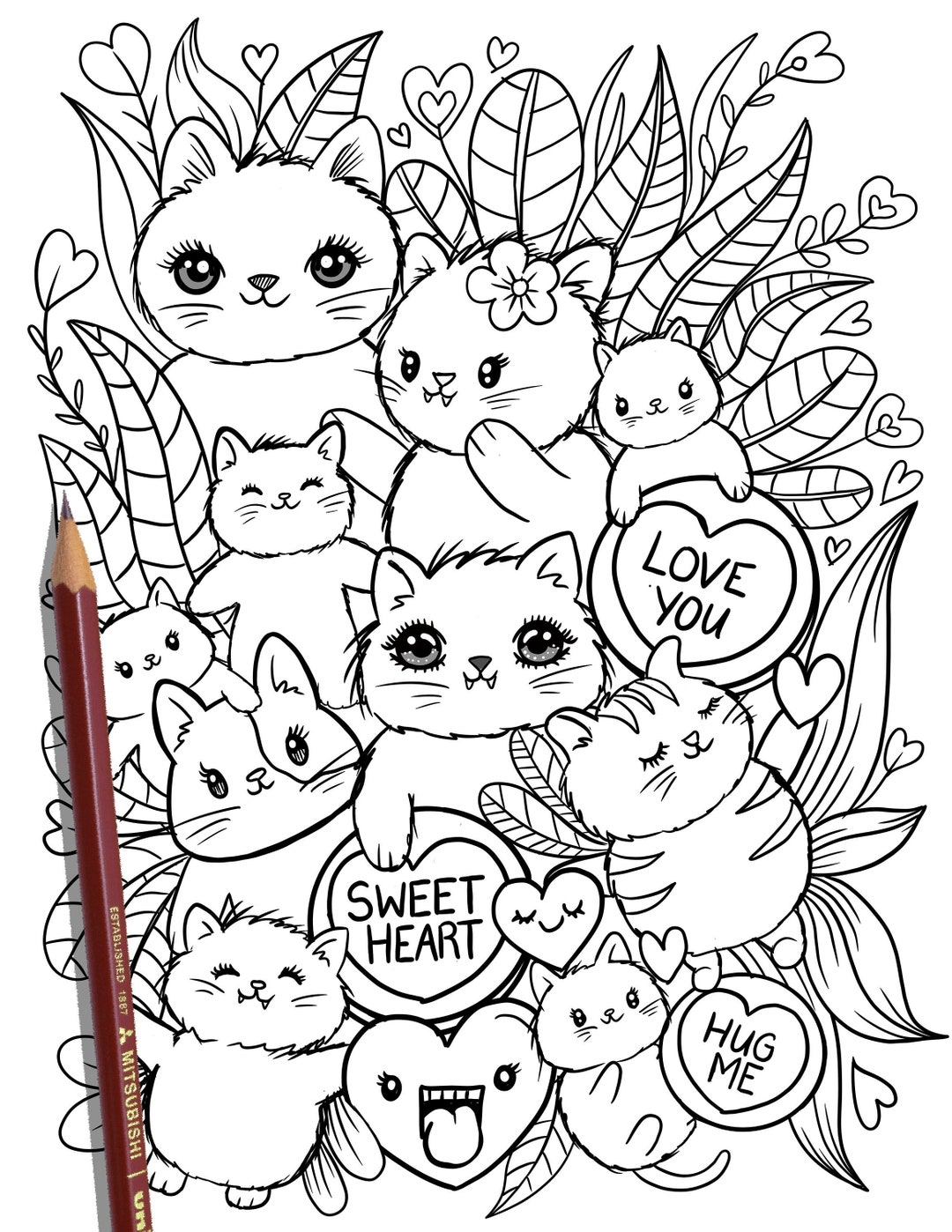 PRINTABLE Cute Kitty Cats Coloring Page, Hand-drawn Coloring Sheet, Cat ...