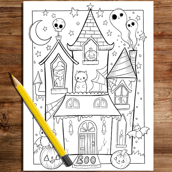 haunted house coloring page,halloween coloring page, halloween fun, halloween witch, whimsical coloring page, Halloween coloring page