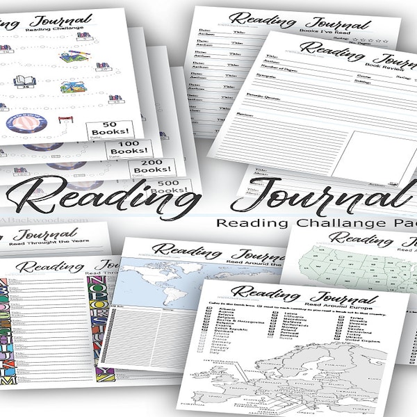 Reading Journal Printable Pages - Goal Sheets with 50, 100, 200 and 500 books, Reading Maps, Book review pages, TBR pages, Book Logs