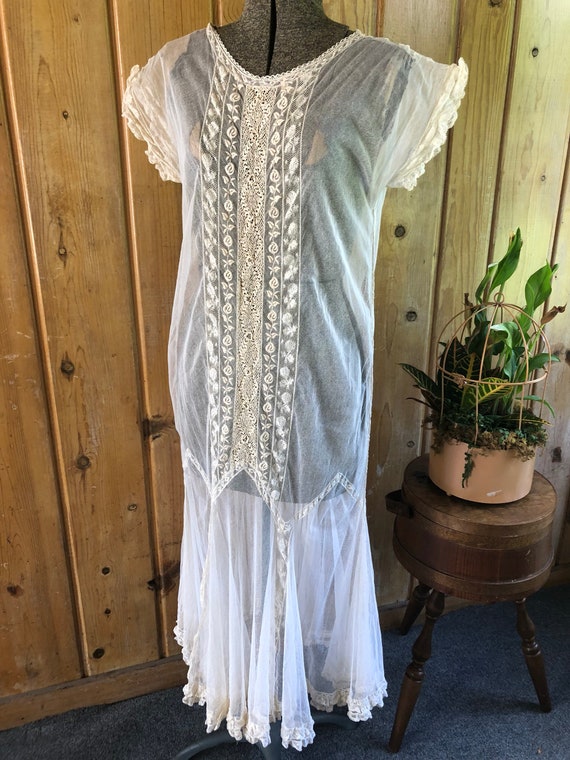 1920s Net Cotton Tulle Dress, with Lace accents