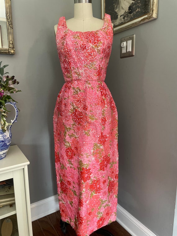 1960s Pink Floral Sequin Wiggle Dress - image 1