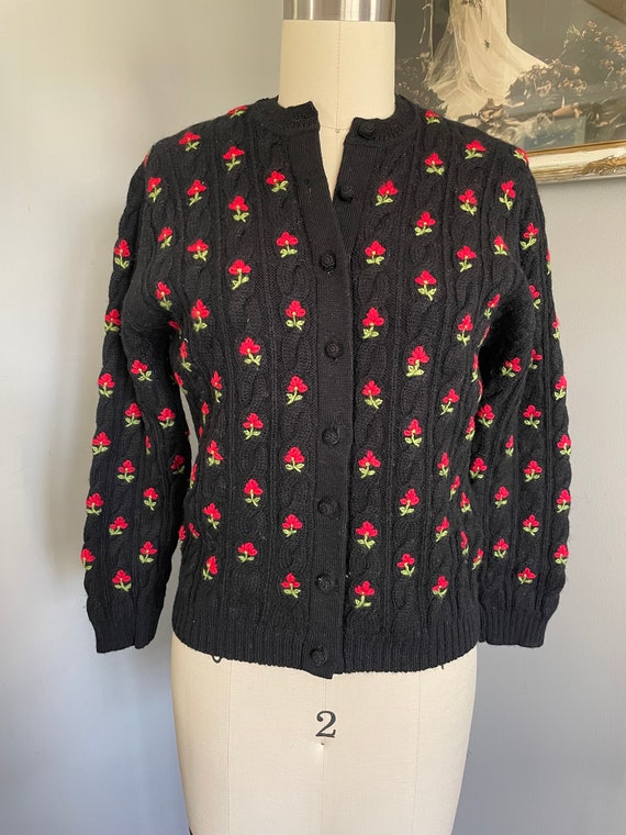 1950s/60s Black Cable Knit Cardigan with Embroide… - image 1