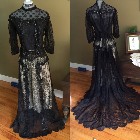 Edwardian Black Chantilly Lace Bodice and Skirt