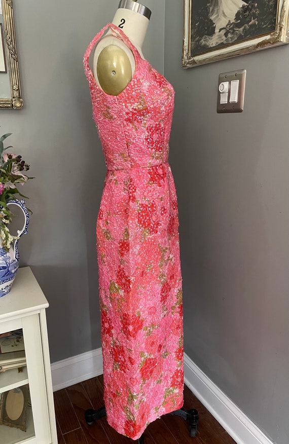 1960s Pink Floral Sequin Wiggle Dress - image 3