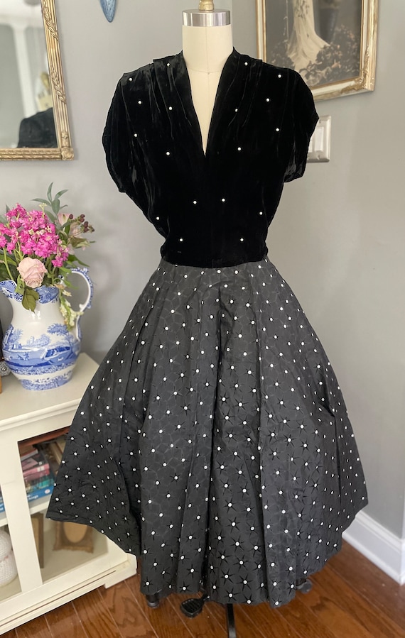 Late 1940’s Black Velvet and Flocked Dress