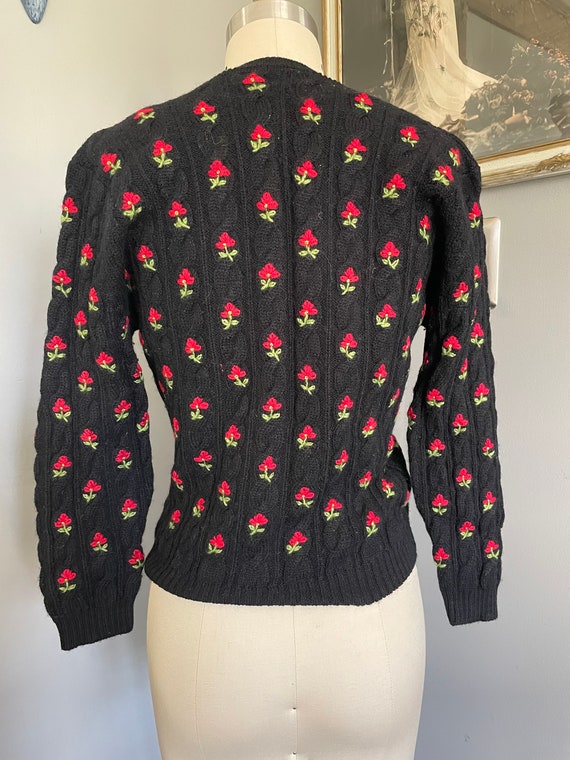 1950s/60s Black Cable Knit Cardigan with Embroide… - image 3