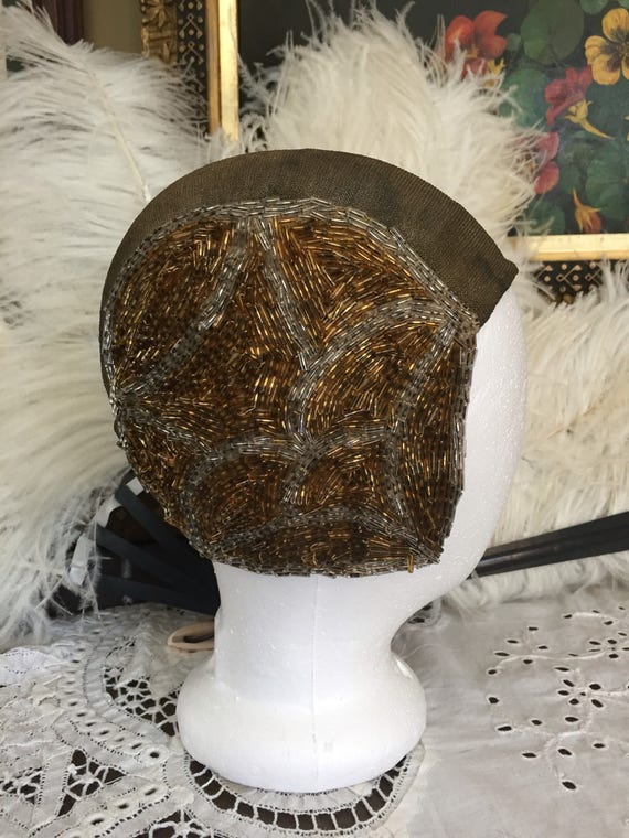 1920's Metallic Mesh and Hand Beaded Skull Cap - image 1