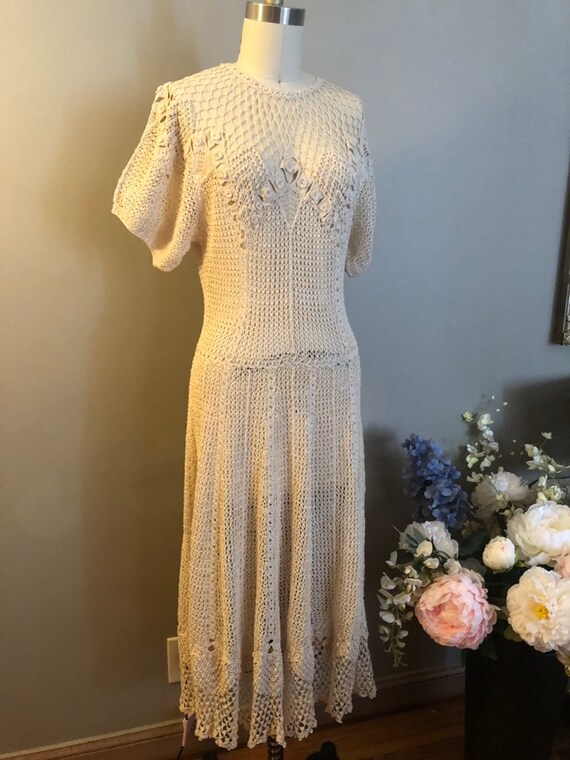 Late 1930's Hand Crochet Dress in Cream
