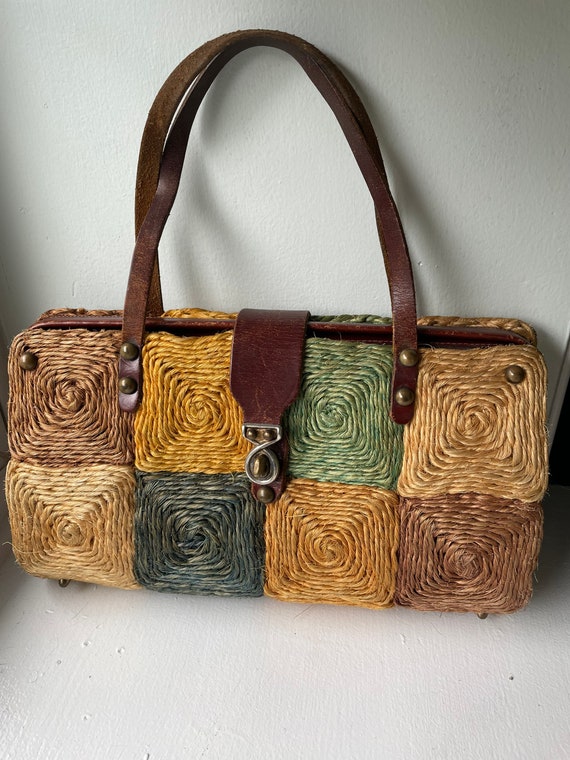 1970s Fall Straw and Leather Purse