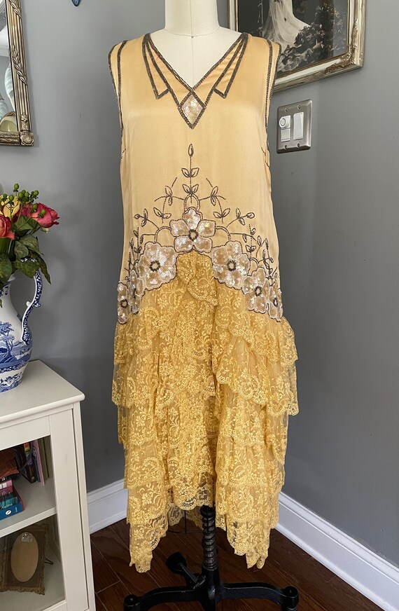 1920s Silk Dress with Flowers and Butterfly.