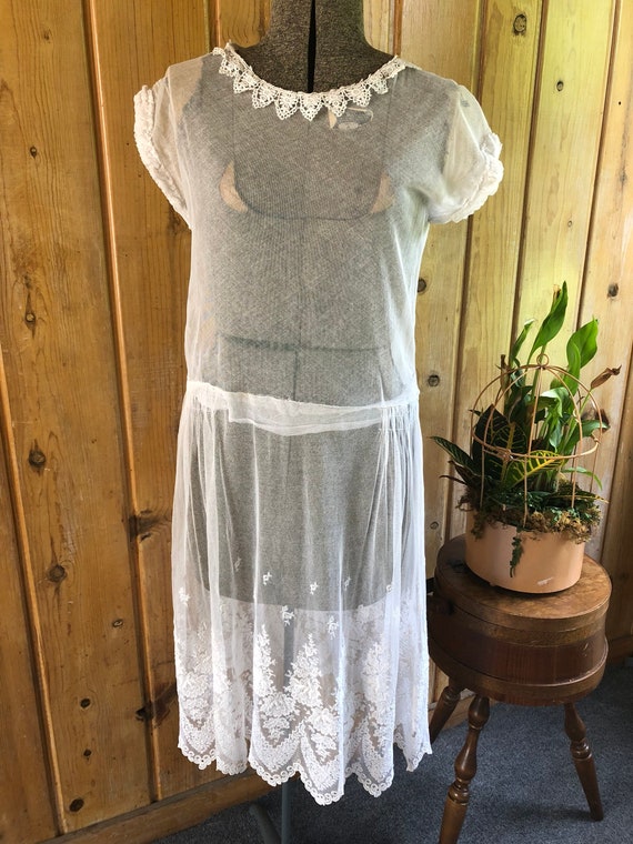 1920's White Cotton Tulle Dress with Embroidery