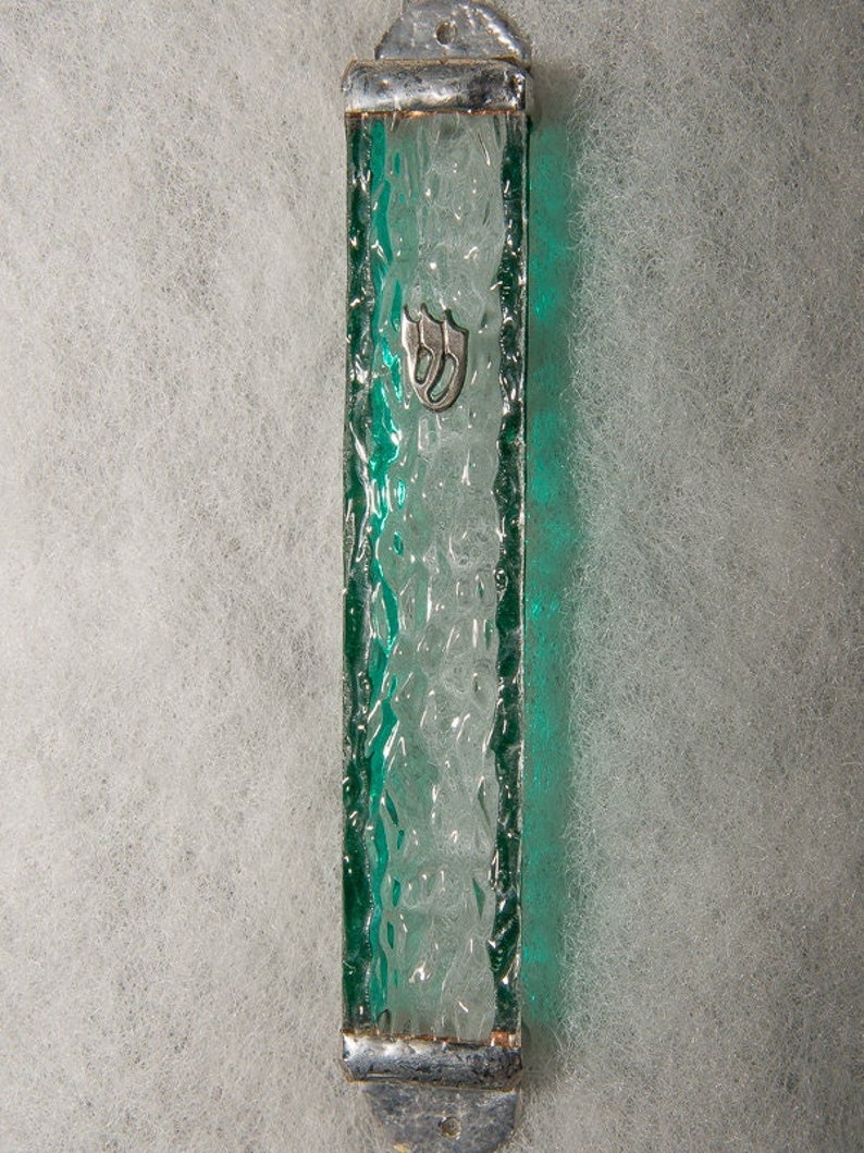 Two Tone Green & Clear Glass Mezuzah Case Handmade Mezuzah Case from Israel image 1