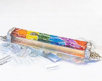 Translucent Rainbow Glass Mezuzah Case - Hand-Painted & Textured