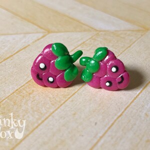 May include: A pair of handmade raspberry-shaped stud earrings. The earrings are a vibrant magenta with green leaves and small white and black details. The Funky Fox logo is in the lower left corner.