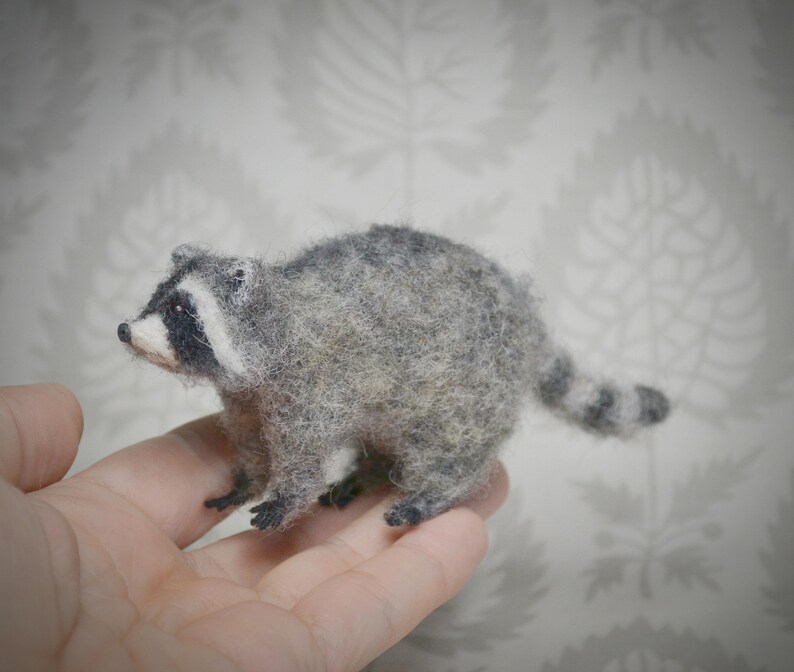 Miniature felted raccoon – tiny handcrafted wool sculpture