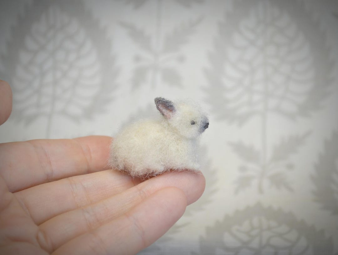 Fluffy White Rabbit Needle Felted Miniature, Wool Bunny, Dollhouse