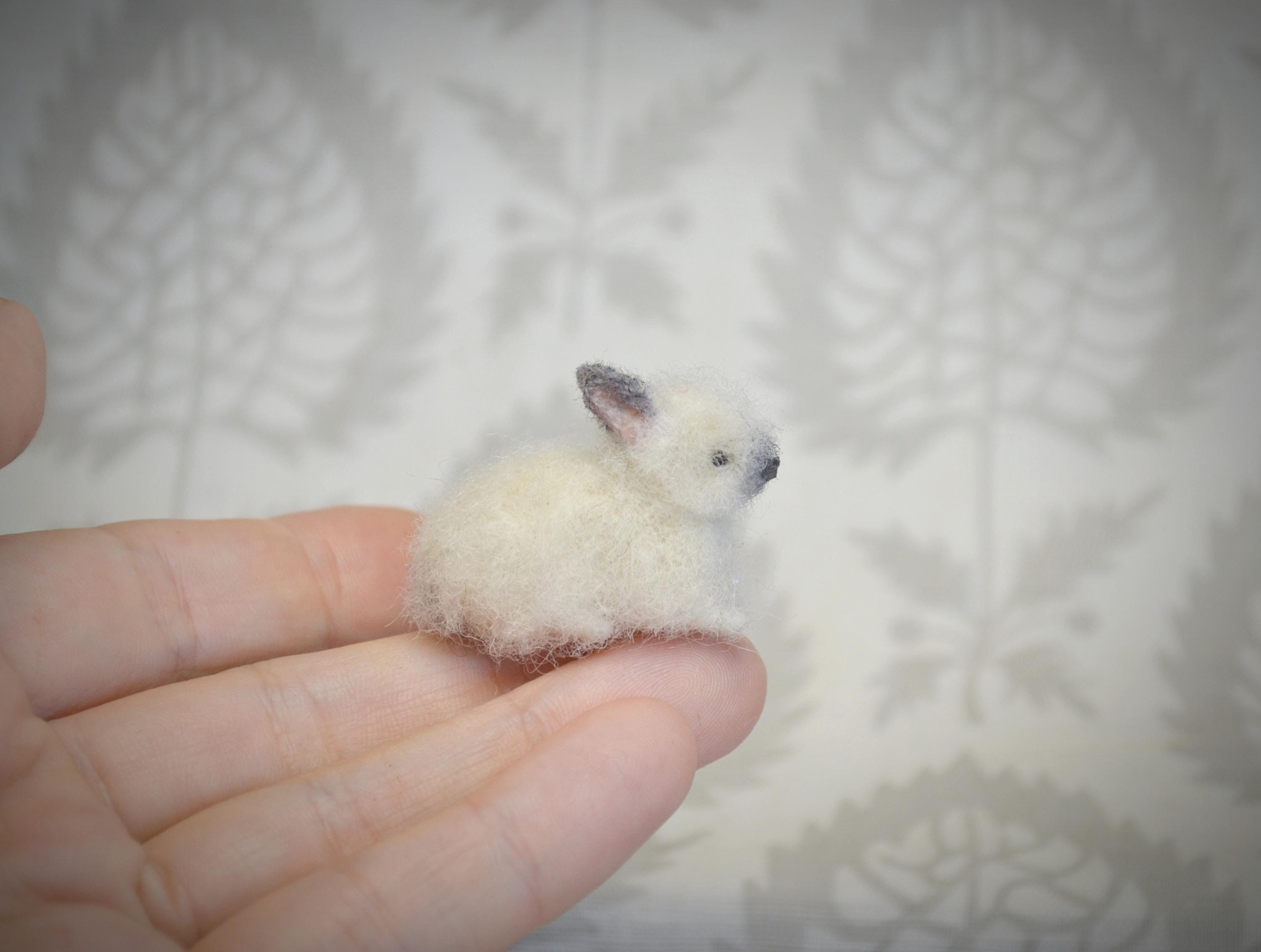 Fluffy White Rabbit Needle Felted Miniature, Wool Bunny, Dollhouse